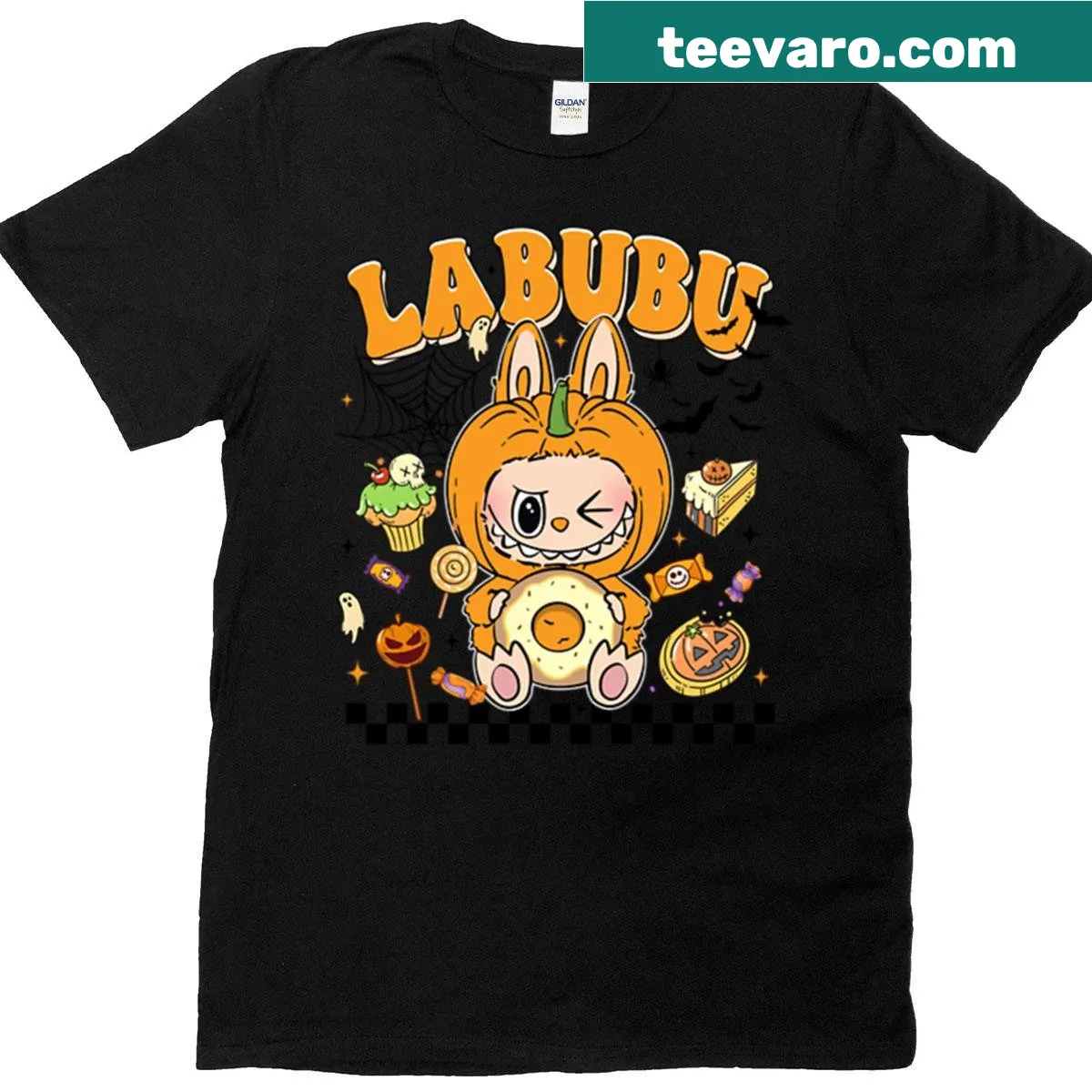 Kawaii Halloween T-shirt with a character, pumpkins, and candy — on a men's t-shirt