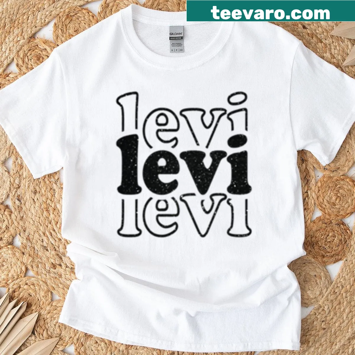 Personalized T-shirt featuring the name Levi in a cartoon style — on a men's t-shirt