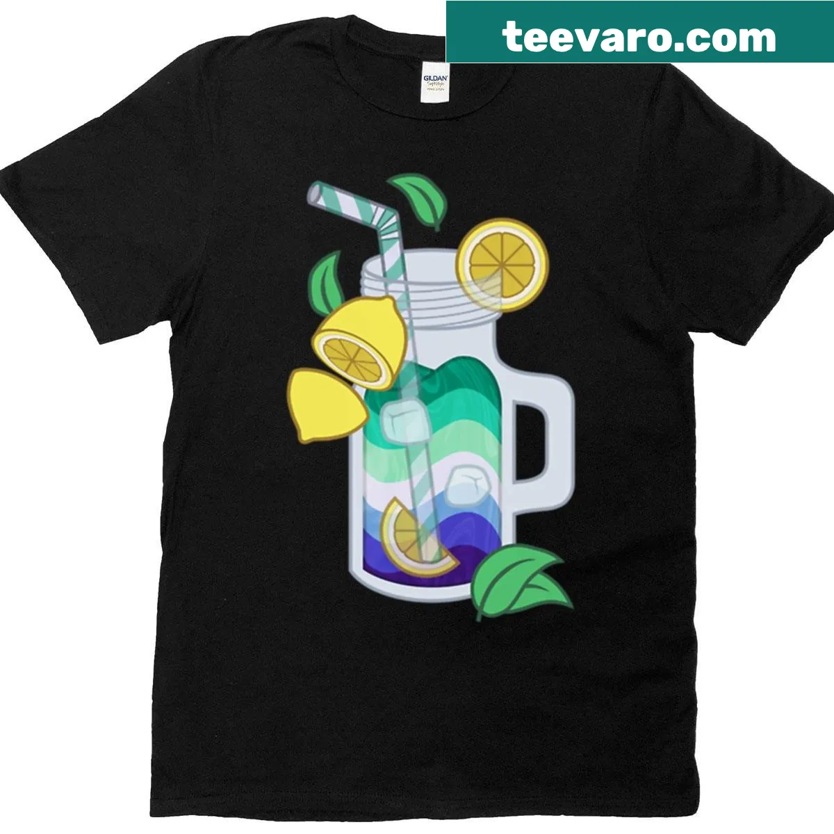 Cartoon T-shirt featuring a lemonade drink with rainbow colors — on a men's t-shirt
