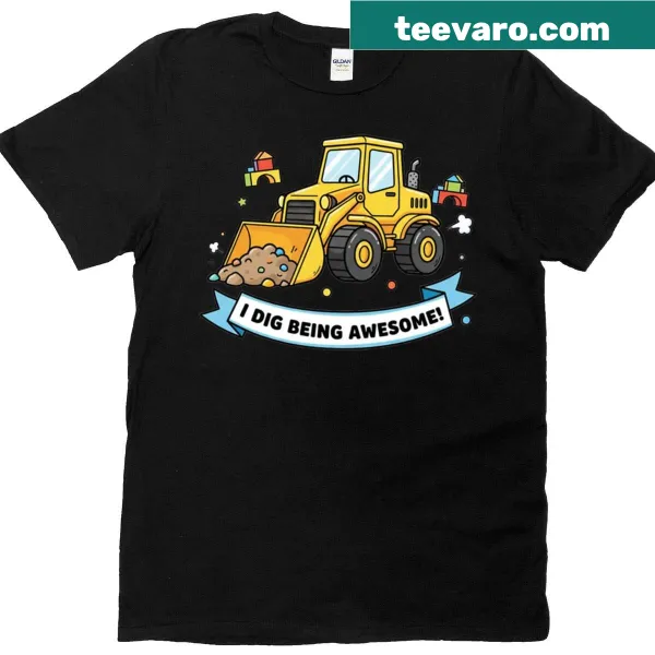 Illustrated t-shirt featuring a cartoon builder and construction tools