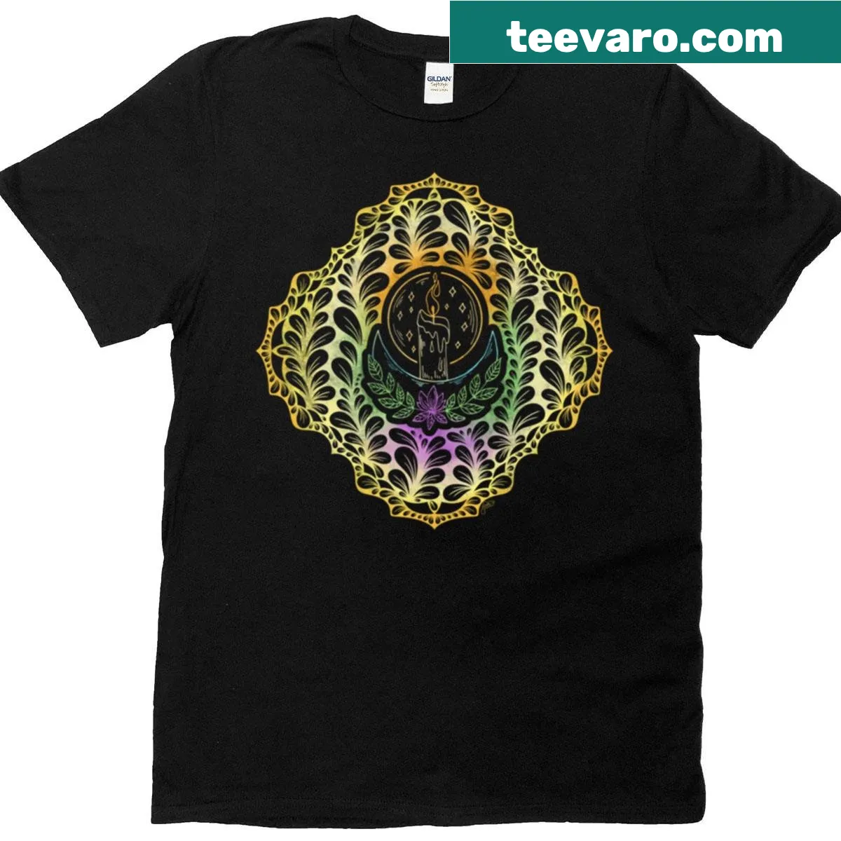 Illustrated magic candle surrounded by flower petals on a T-shirt. — on a men's t-shirt