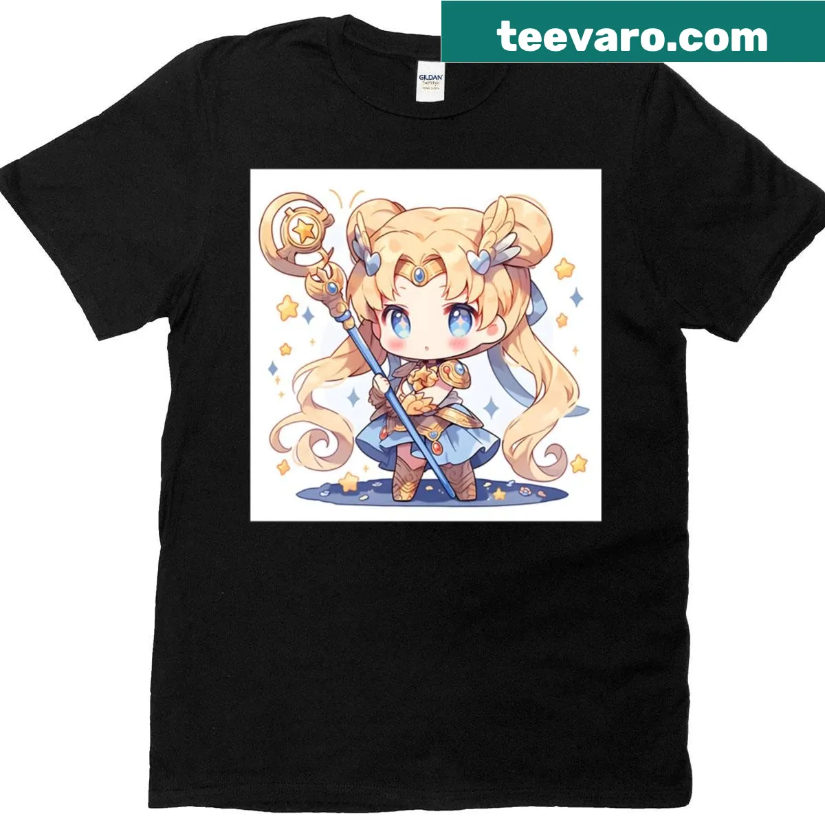 Charming chibi girl surrounded by stars on a whimsical tee — on a men's t-shirt