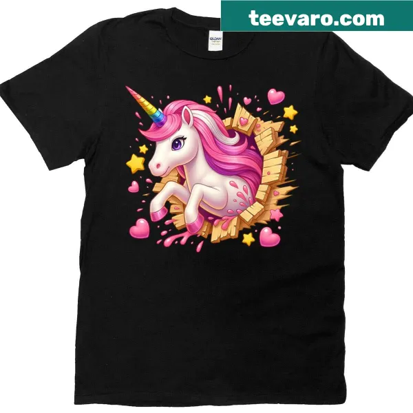Whimsical unicorn bursting through a wall with stars illustration