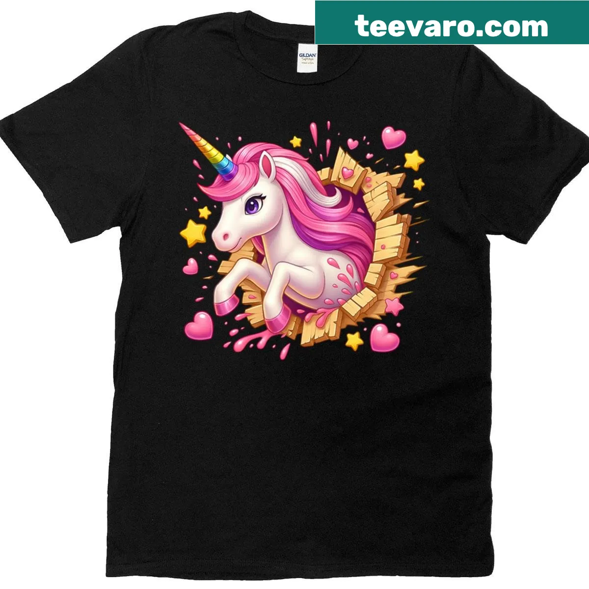 Whimsical unicorn bursting through a wall with stars illustration — on a men's t-shirt