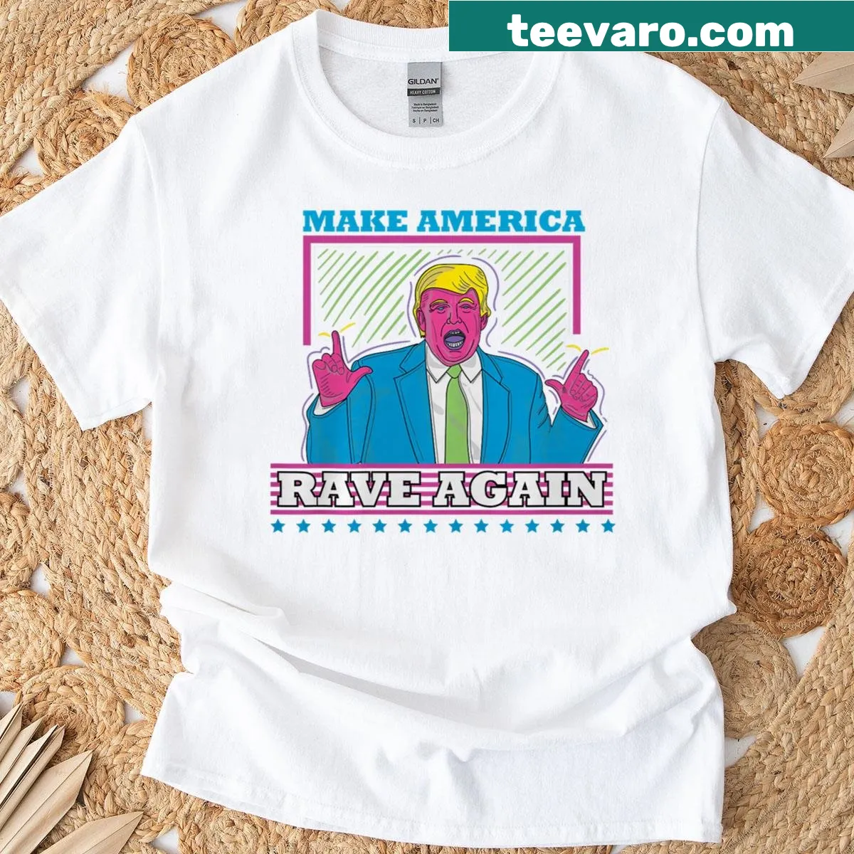 Funny t-shirt with 'Make America Rave Again' text and EDM theme — on a men's t-shirt