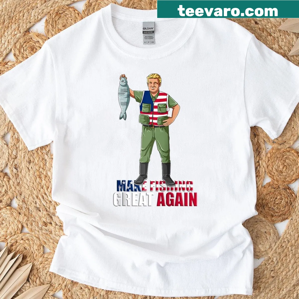 Funny fishing raglan T-shirt with 'Make Fishing Great Again' slogan. — on a men's t-shirt