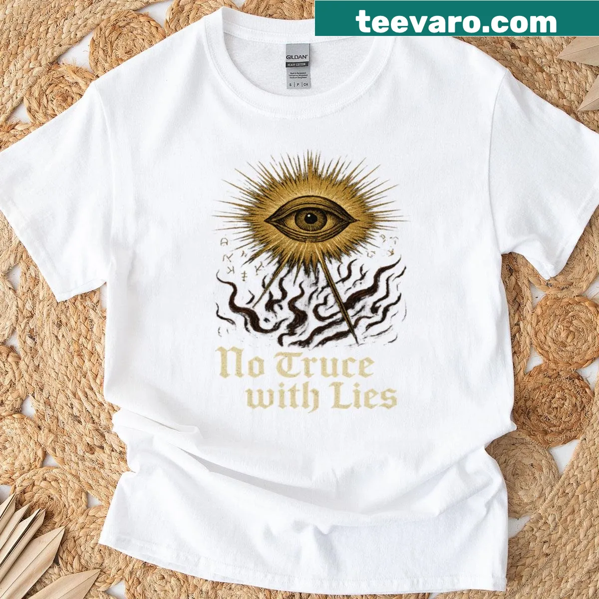 Occult design T-shirt with all-seeing eye and bold text. — on a men's t-shirt