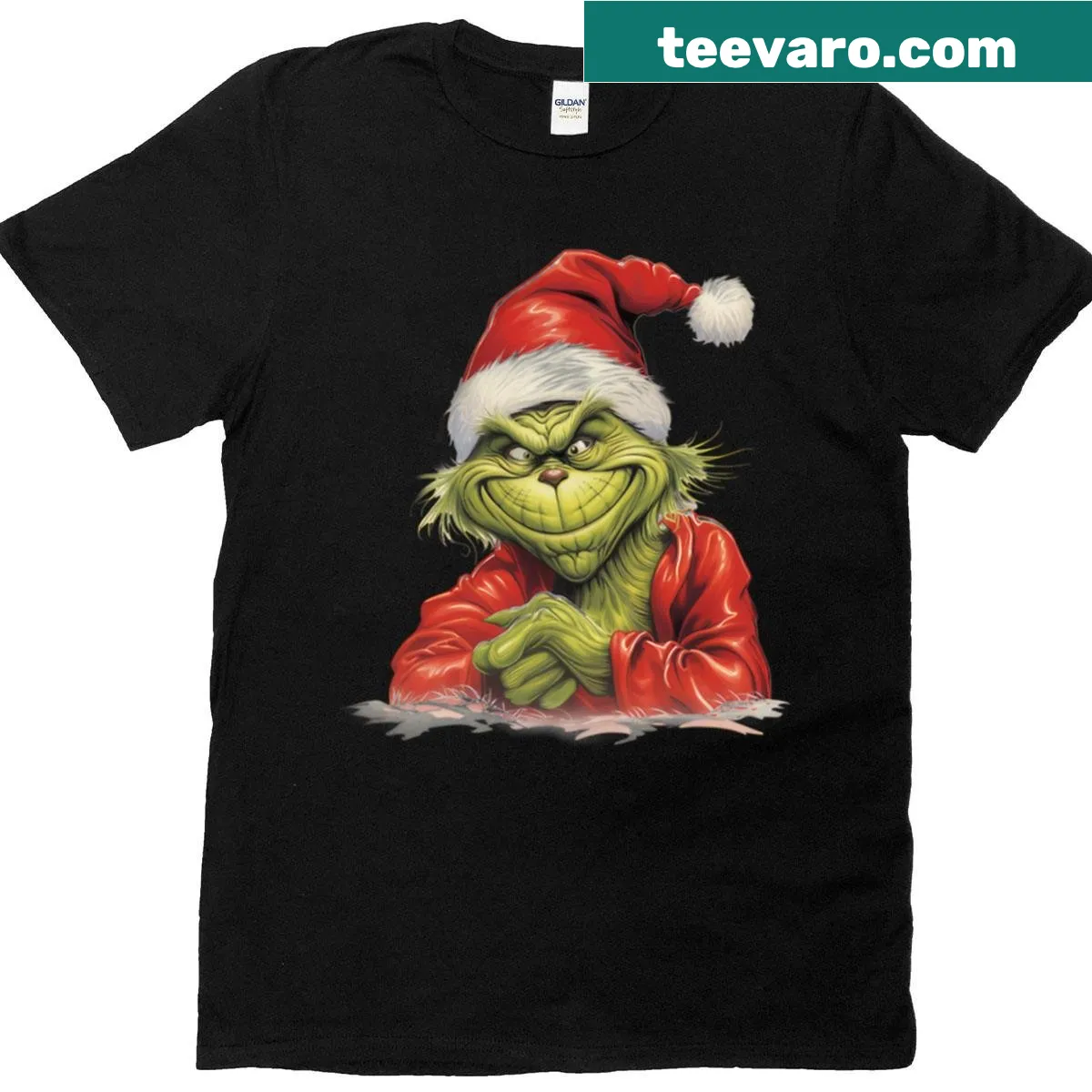 Cartoon Grinch graphic with a mischievous expression — on a men's t-shirt