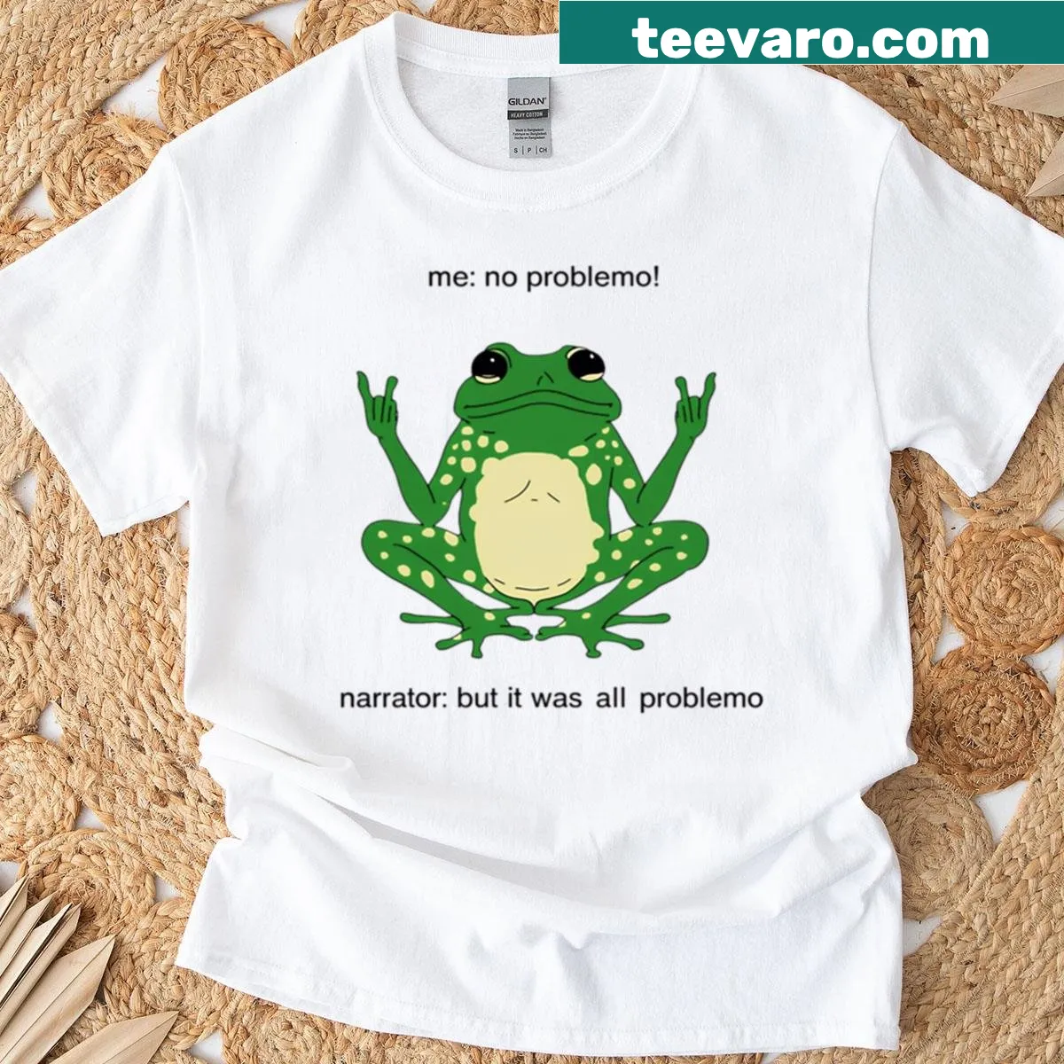 Cartoon frog graphic with 'Me No Problemo' text — on a men's t-shirt