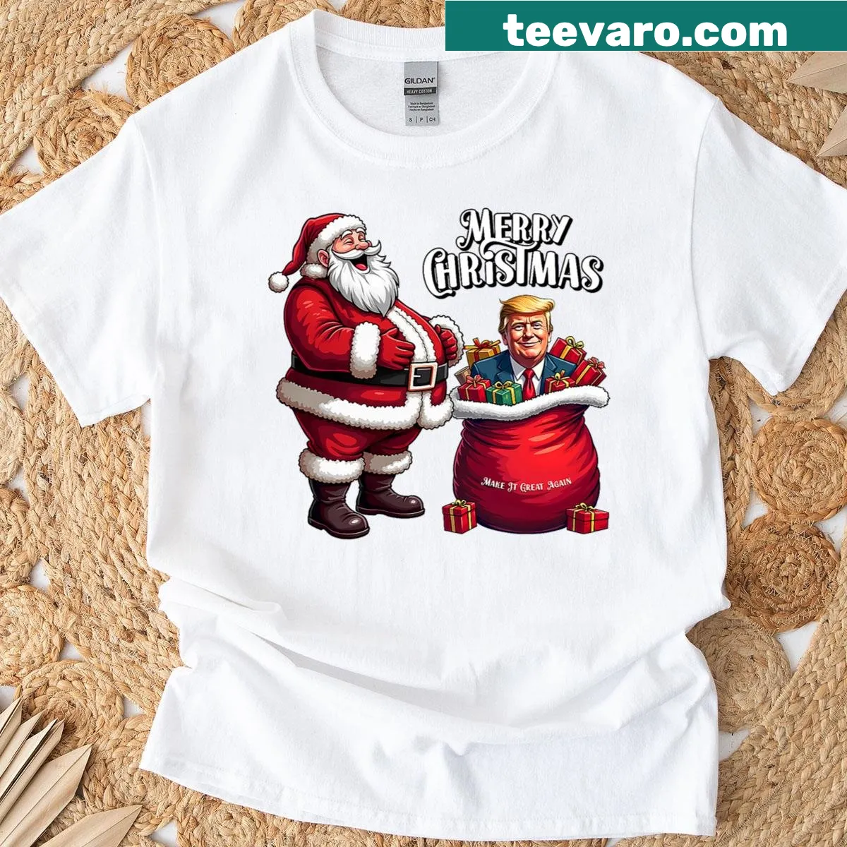 Christmas T-shirt with Trump and slogan design — on a men's t-shirt