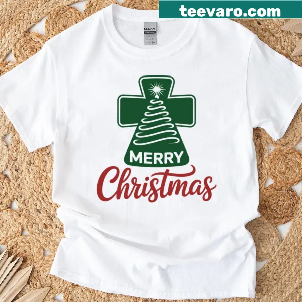 Illustrated Christmas tree with a cross design on a T-shirt