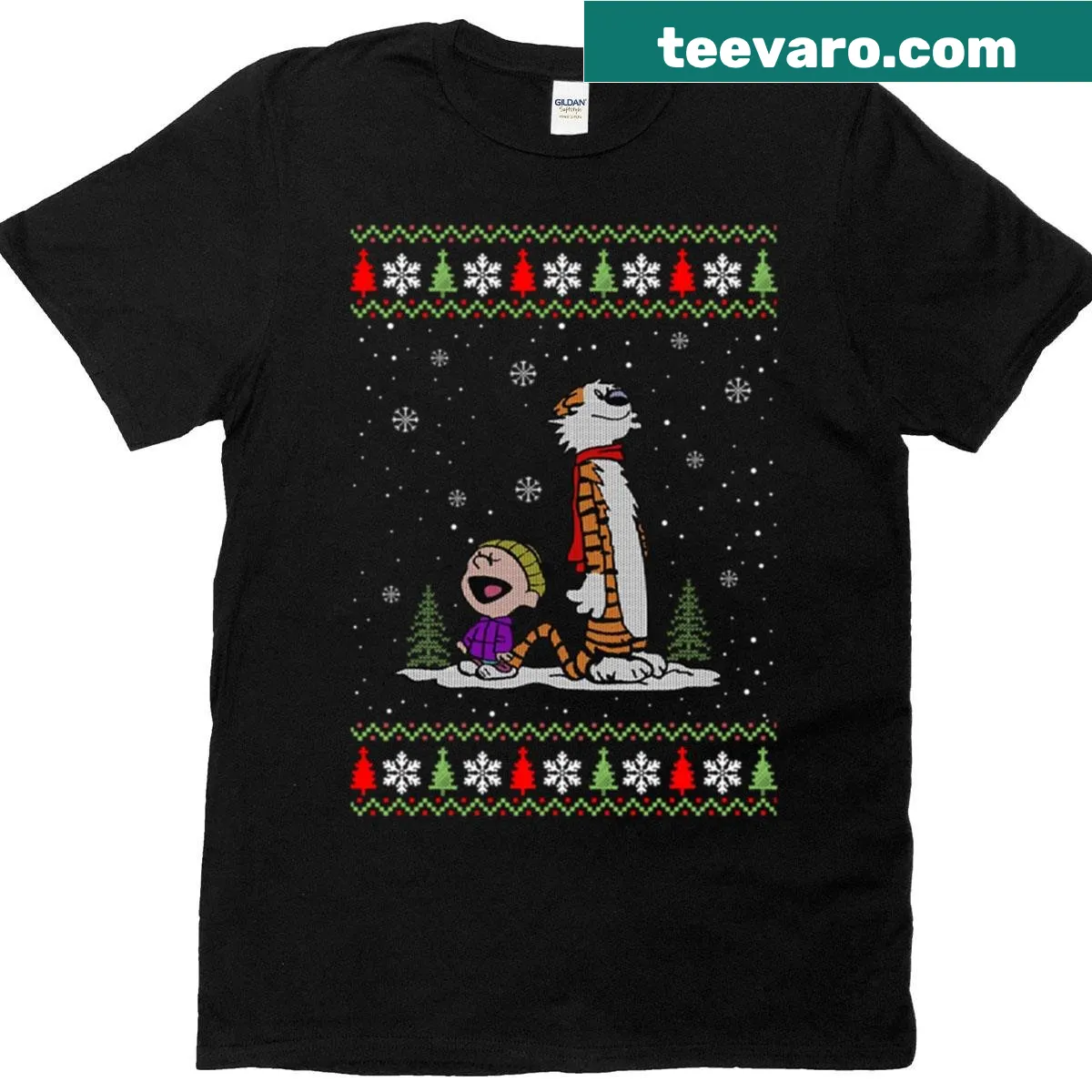 Calvin and Hobbes Christmas design T-shirt — on a men's t-shirt