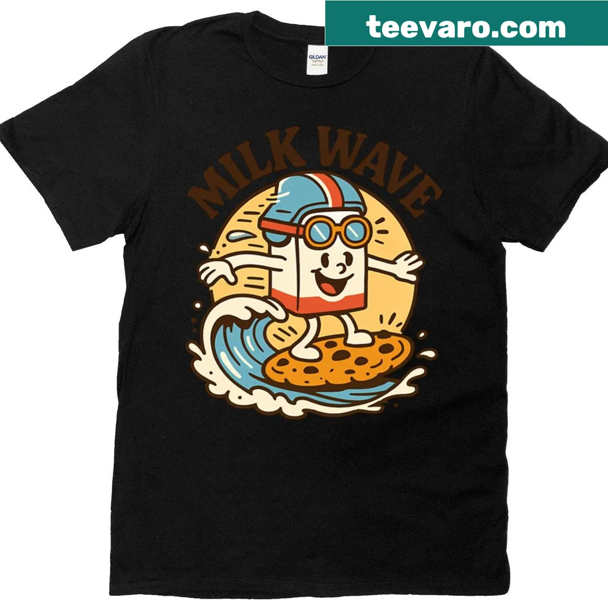 Cartoon surfboard with milk and cookies graphic on t-shirt — on a men's t-shirt