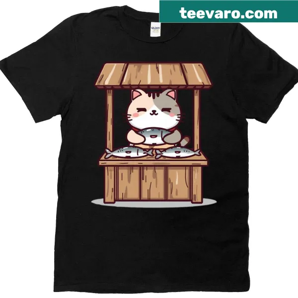 Minimalist kawaii cat vendor graphic in a cozy market setting