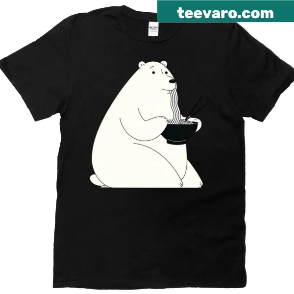 Minimalist bear illustration eating ramen on a T-shirt.