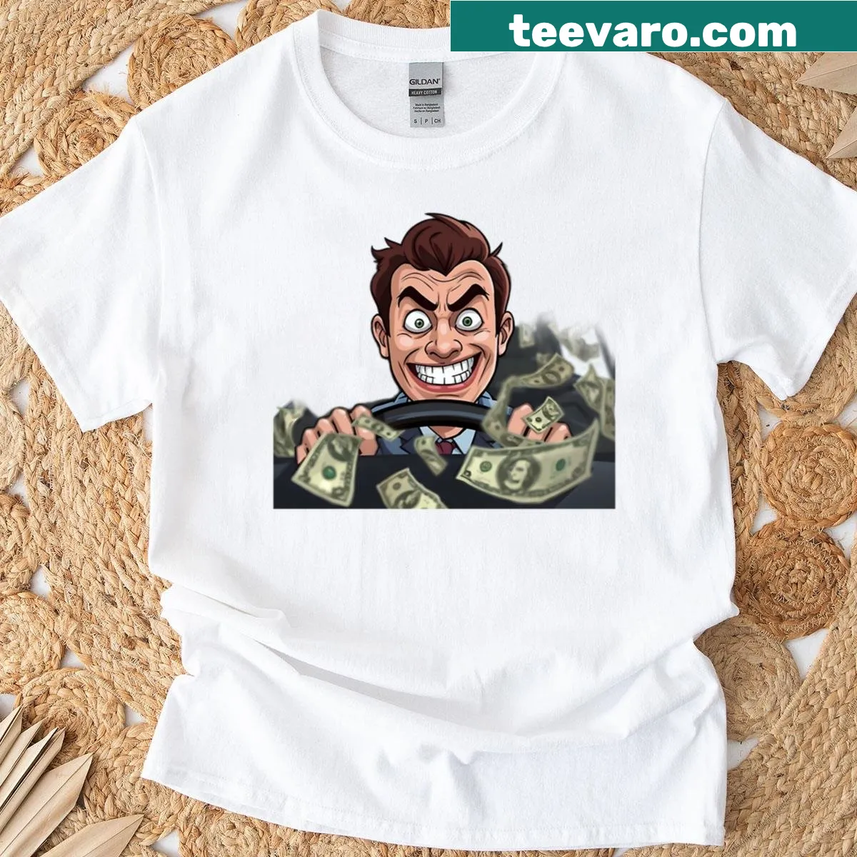 Funny Money Madness T-shirt with humorous text — on a men's t-shirt