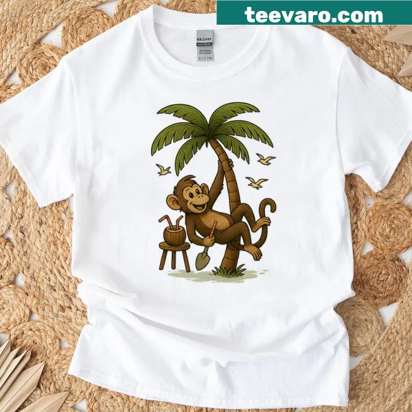 Playful monkey holiday illustration on an oversized t-shirt