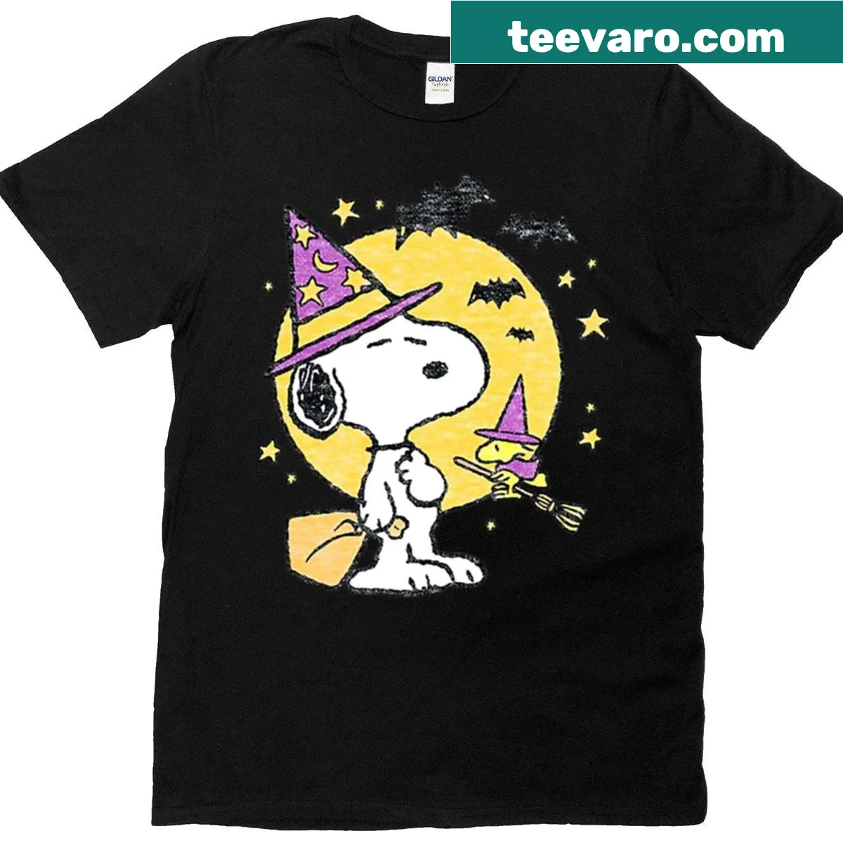 Snoopy and Woodstock Halloween themed graphic T-shirt for kids — on a men's t-shirt