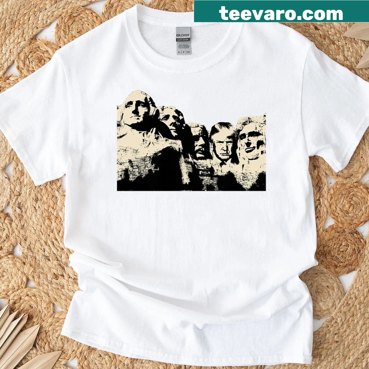 Realistic graphic of Mount Rushmore featuring Trump on shirt — on a men's t-shirt