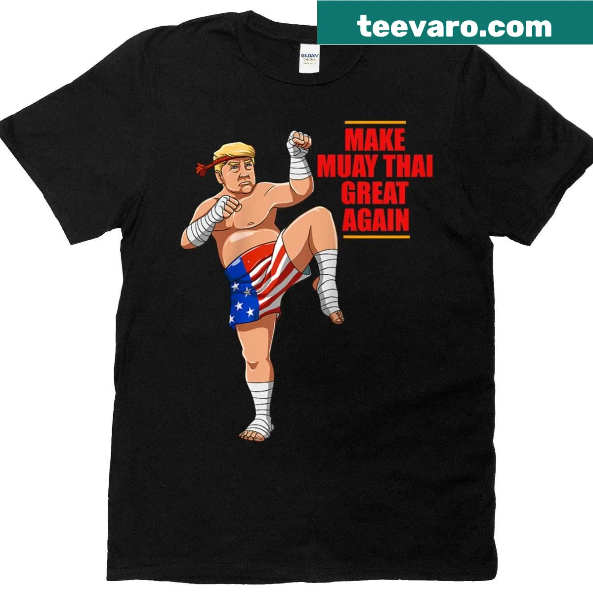 Cartoon illustration of Muay Thai and MMA fighters with a Trump twist on a T-shirt. — on a men's t-shirt