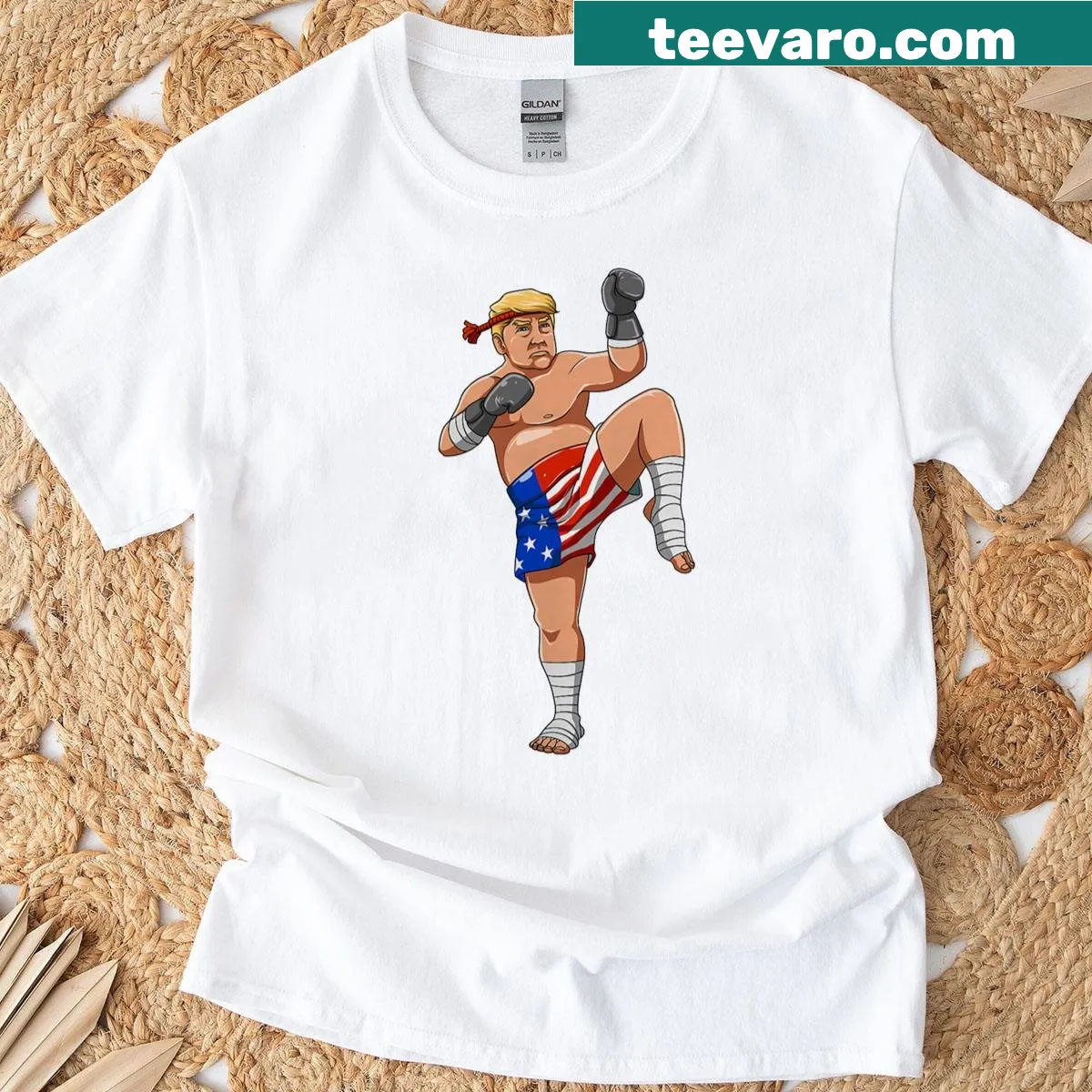 Donald Trump in a Muay Thai fighter stance illustrated on a premium t-shirt — on a men's t-shirt