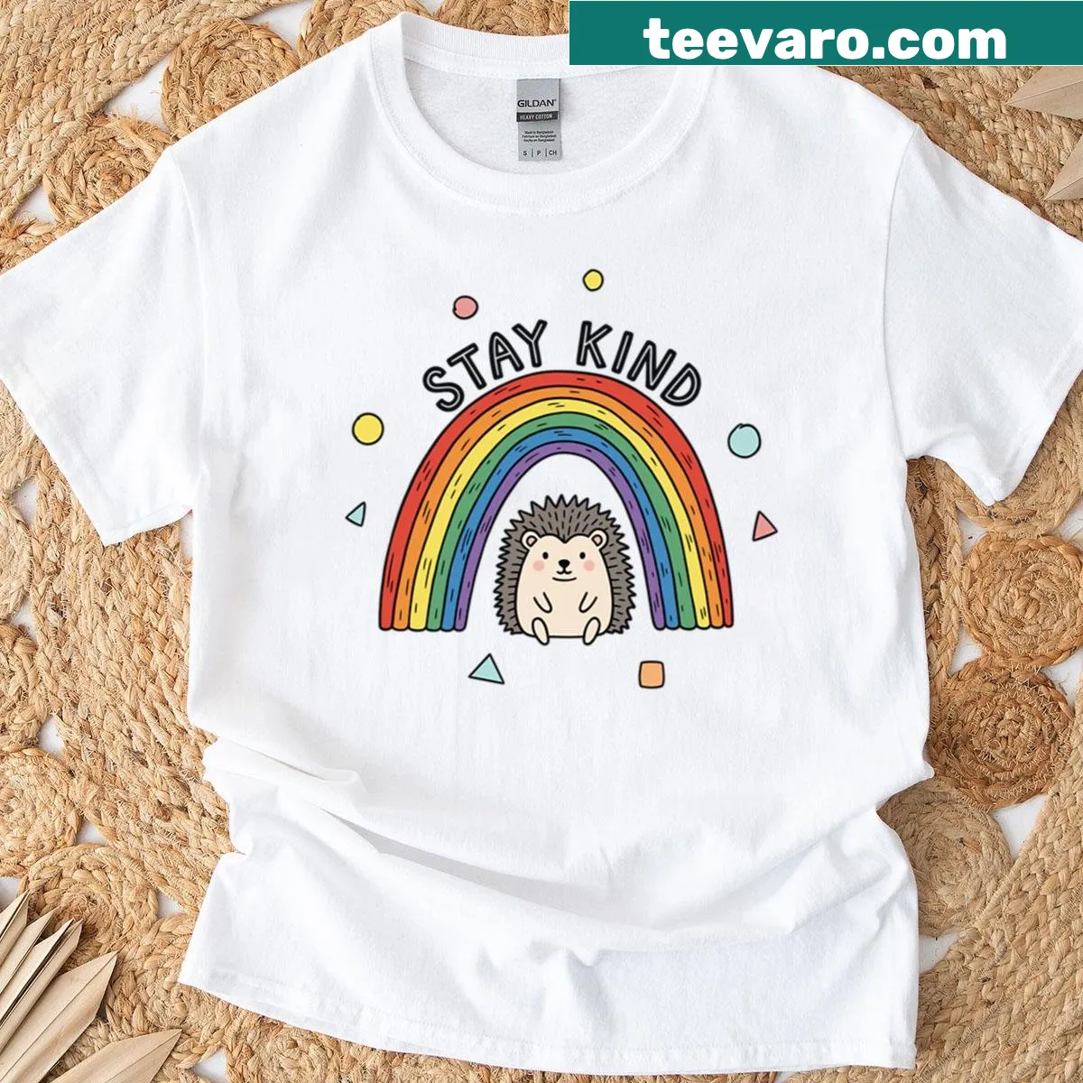 Cute hedgehog with 'Stay Kind' rainbow illustration on T-shirt — on a men's t-shirt