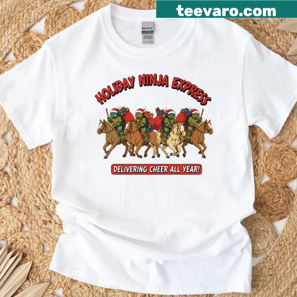Cartoon design of Ninja Turtles celebrating Christmas feast on shirt