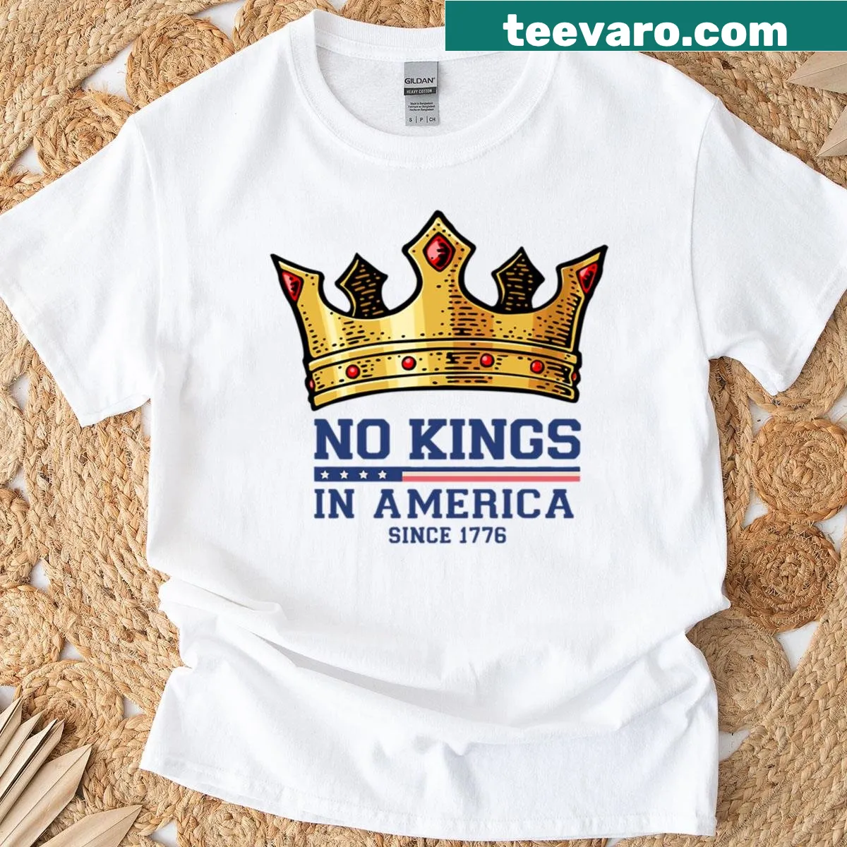 Anti-Trump shirt with the phrase 'No Kings In America' — on a men's t-shirt