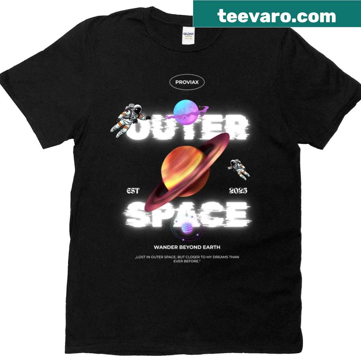 Illustration of planets and a rocket in outer space — on a men's t-shirt