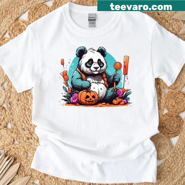 Adorable panda collecting candy illustrated on a Halloween t-shirt for kids