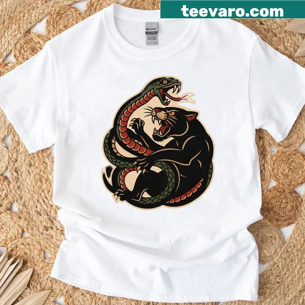 Illustration of a panther confronting a snake on a t-shirt