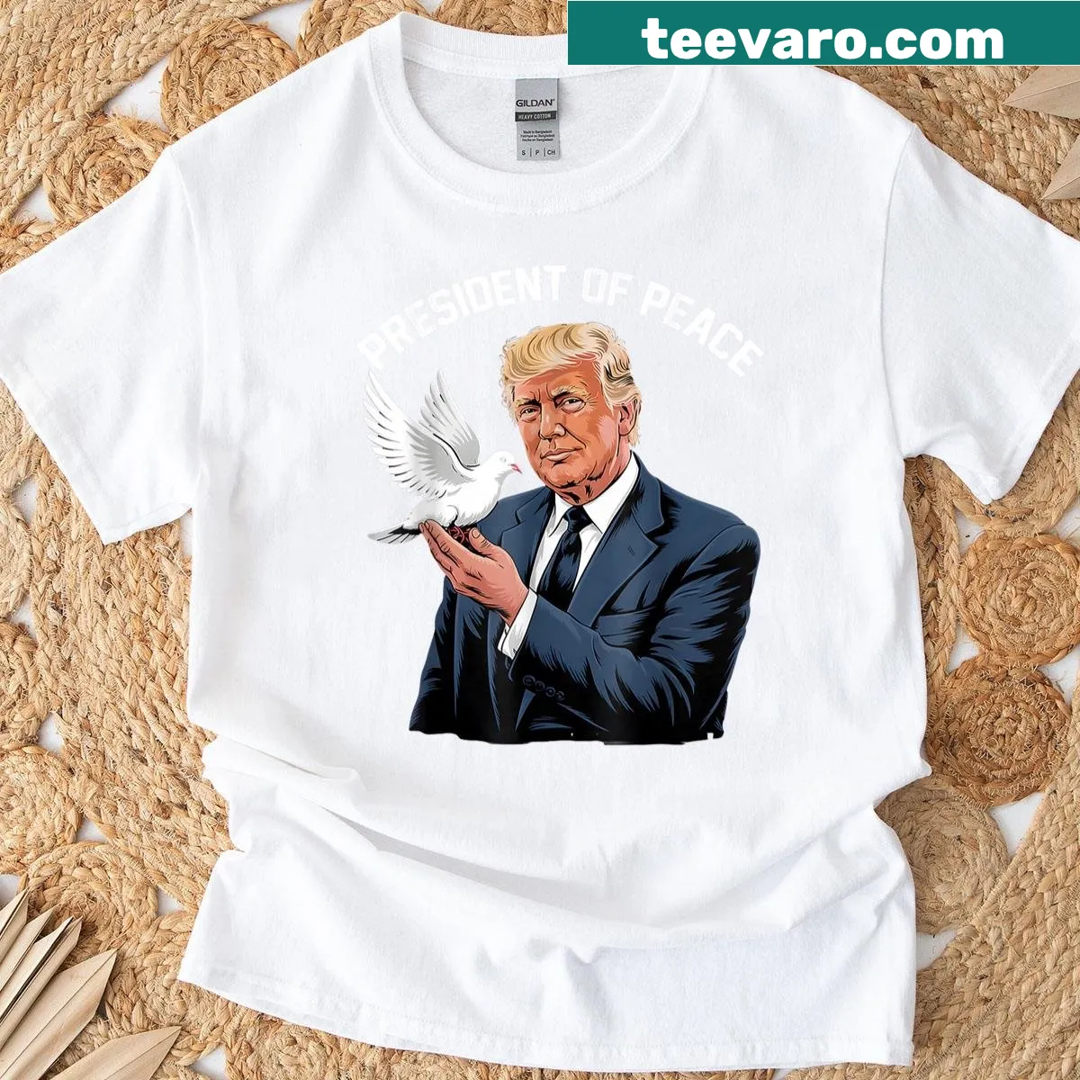 Patriotic T-shirt with bold text promoting peace. — on a men's t-shirt