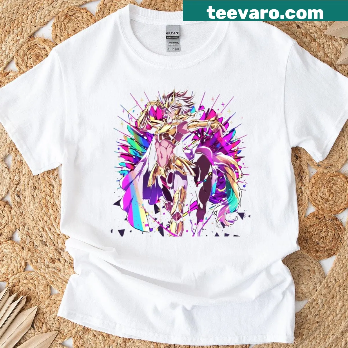 Illustration of Pegasus from Saint Seiya in a heroic cosmic scene on t-shirt — on a men's t-shirt