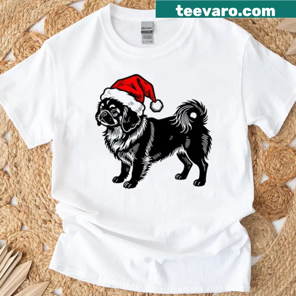 Pekingese silhouette wearing a Santa hat in festive illustration on t-shirt