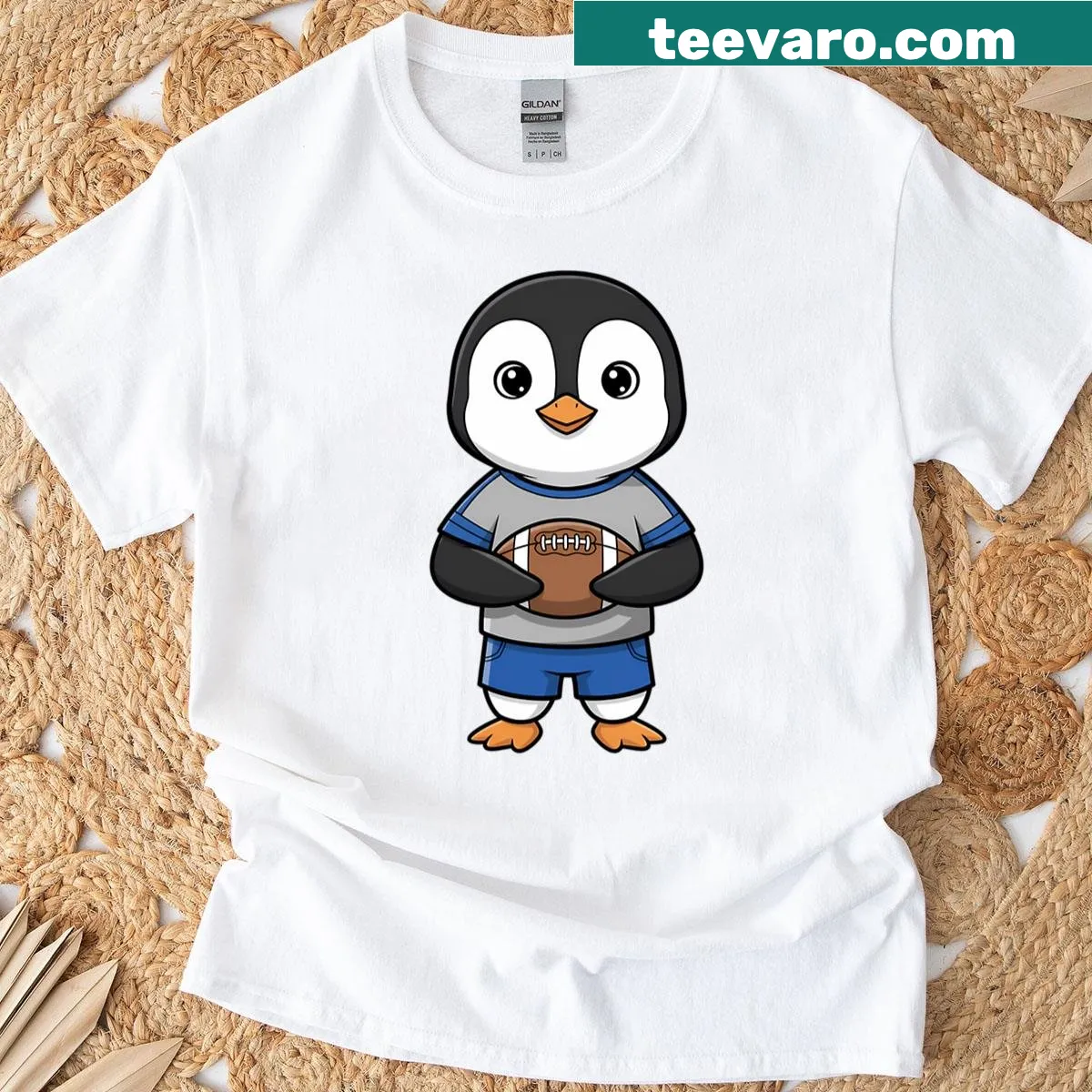 Playful illustration of a penguin as a football player on shirt — on a men's t-shirt