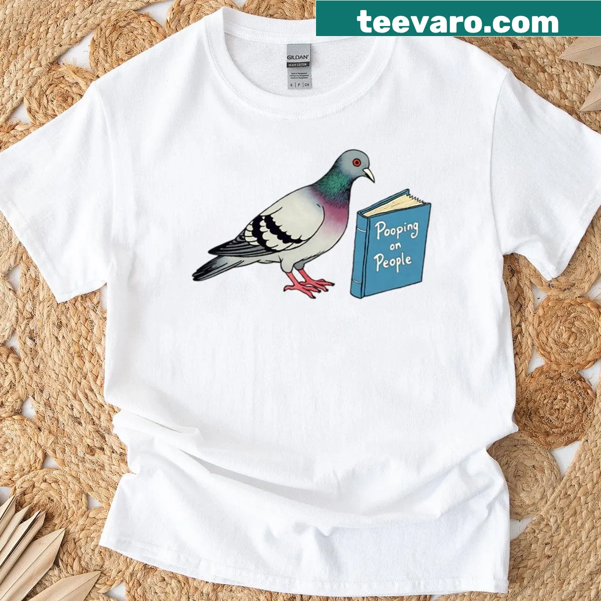 Funny T-shirt with a cartoon pigeon praying for people — on a men's t-shirt