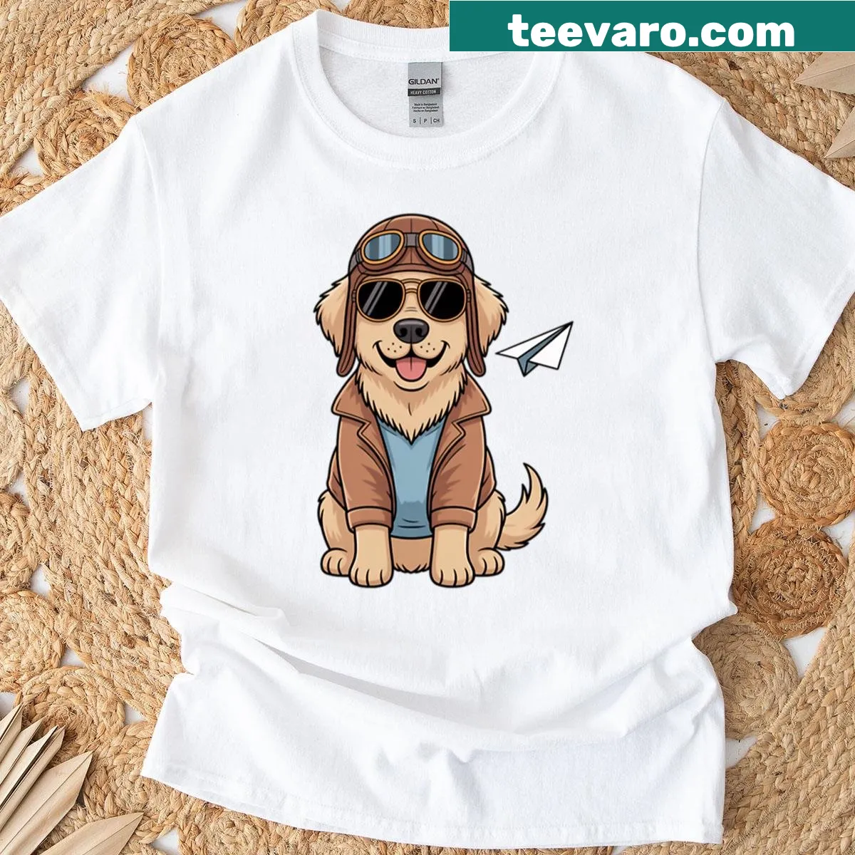 Cute cartoon golden retriever as a pilot in aviator goggles design. — on a men's t-shirt