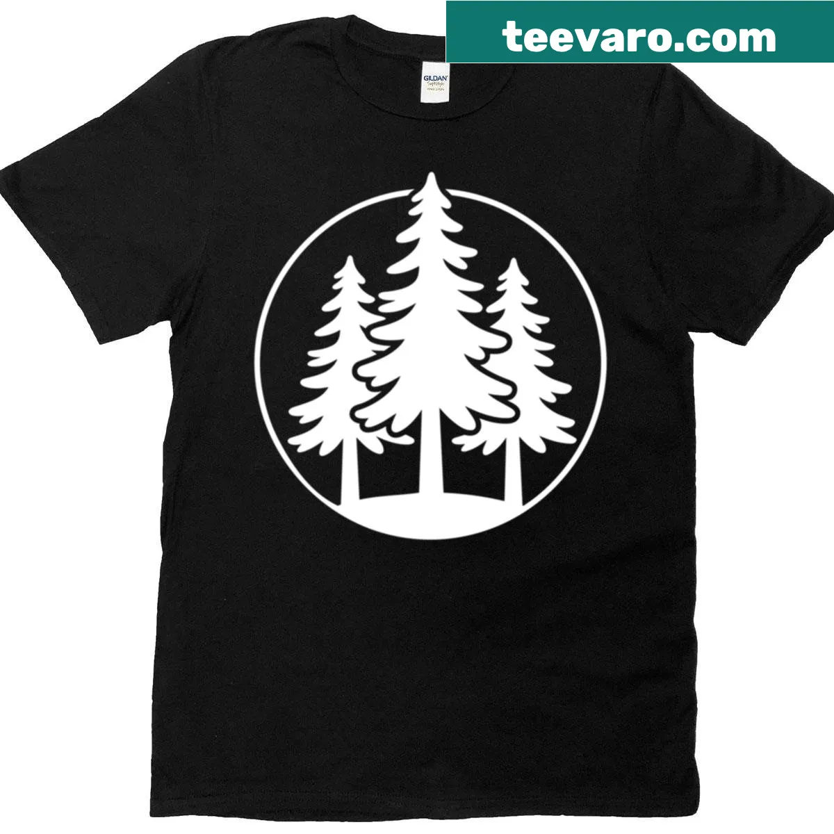 Minimalist emblem featuring three stylized pine trees — on a men's t-shirt