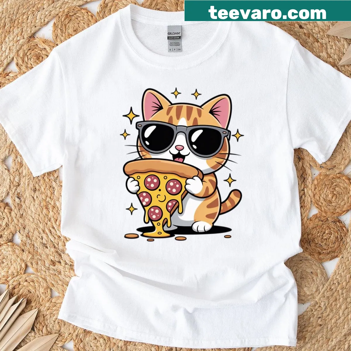 Chibi cartoon cat enjoying pizza in a humorous design on t-shirt — on a men's t-shirt