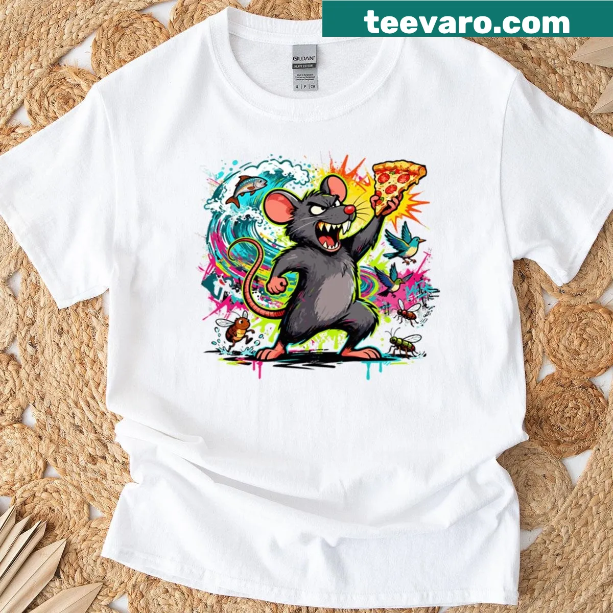 Comic-style shirt featuring a pizza rat graphic — on a men's t-shirt