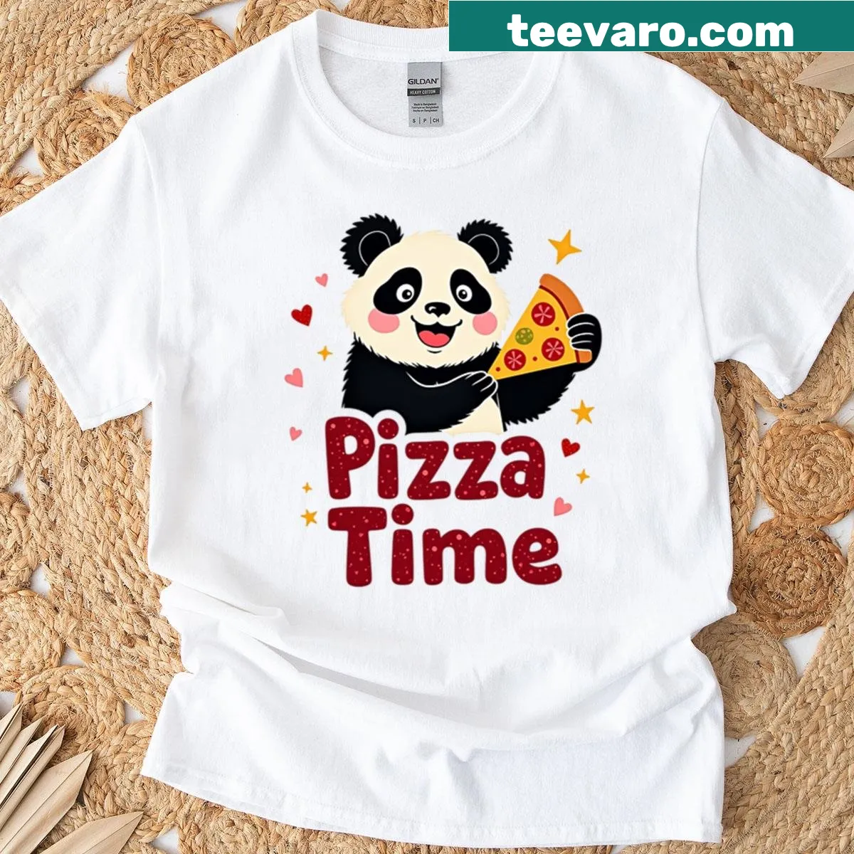 Cartoon panda eating pizza design on kids' T-shirt — on a men's t-shirt