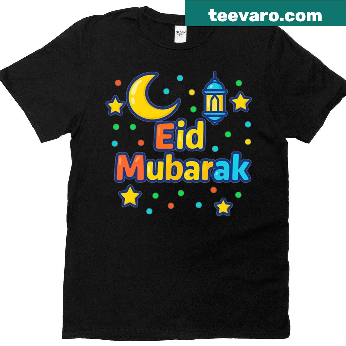 Cartoon moon and lantern design for Eid Mubarak t-shirt — on a men's t-shirt