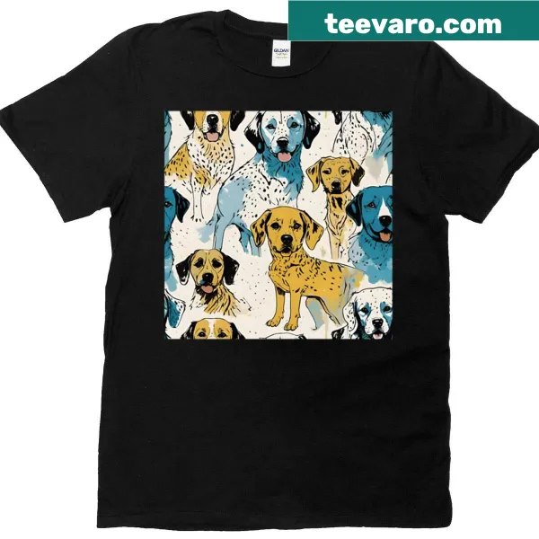 Illustrated pattern of playful puppies and dog breeds on T-shirt