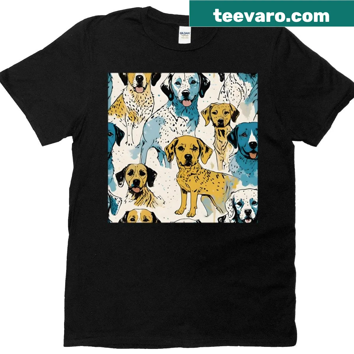 Illustrated pattern of playful puppies and dog breeds on T-shirt — on a men's t-shirt