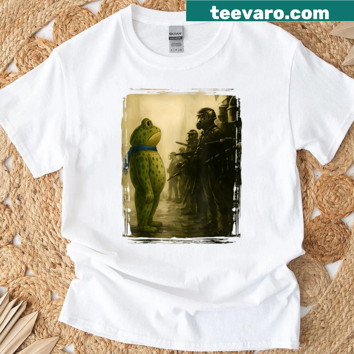 Illustrated t-shirt featuring frogs and text 'No Kings In America' — on a men's t-shirt