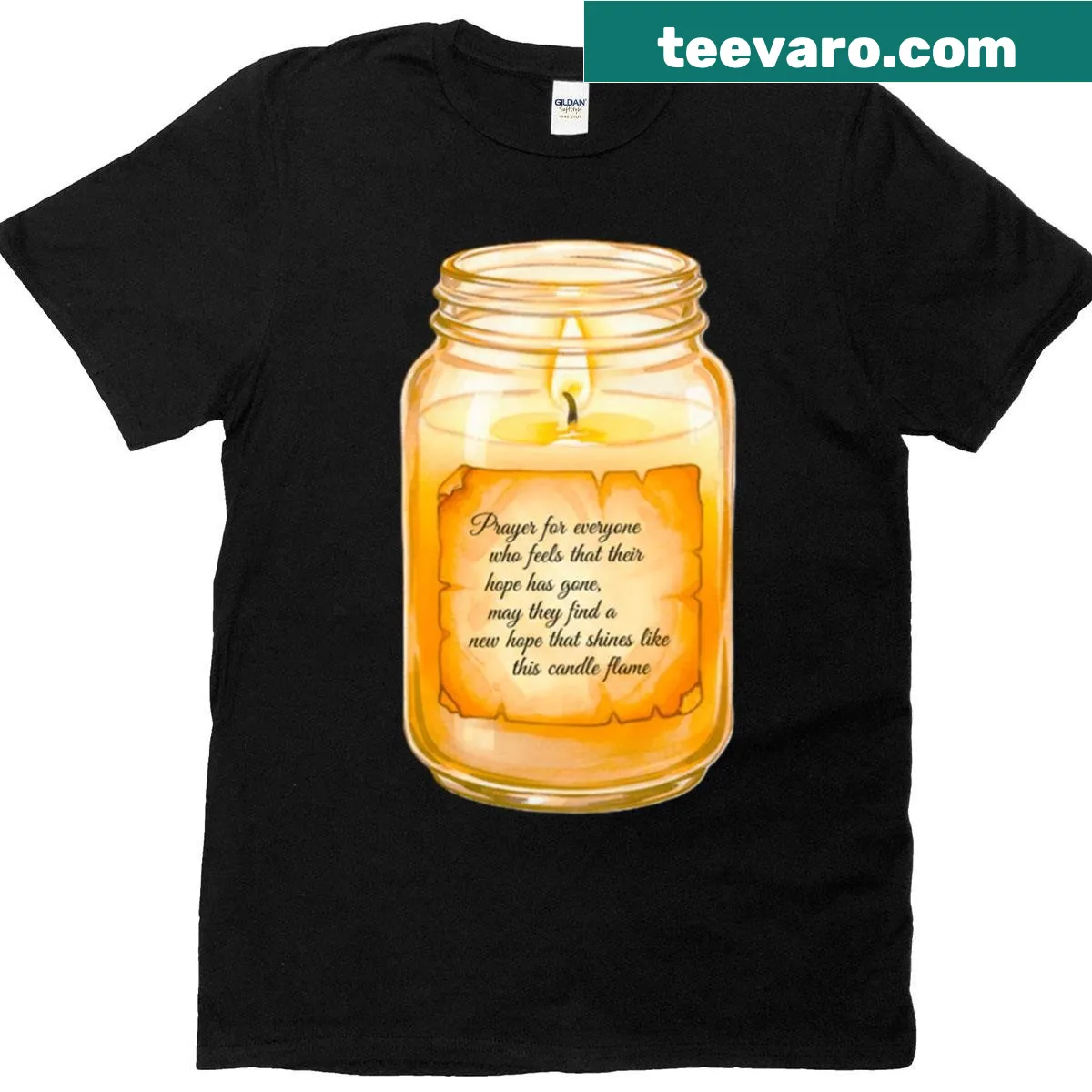 Illustrated prayer candle graphic on T-shirt for spiritual expression — on a men's t-shirt