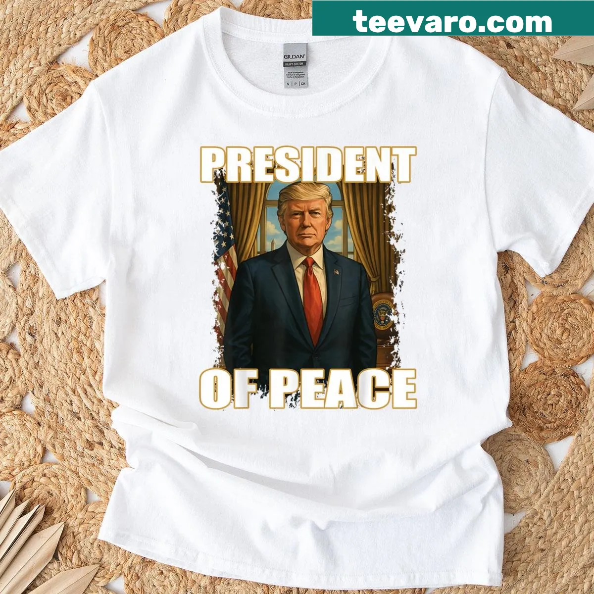 Illustrated President of Peace shirt with pro-Trump message — on a men's t-shirt