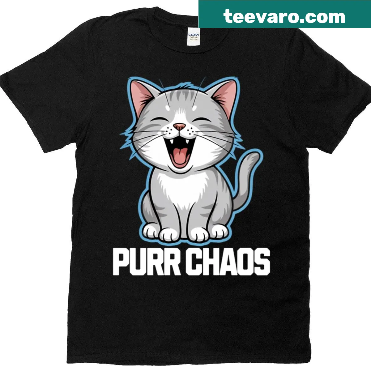 Boxy T-shirt with a playful graphic of a cute kitten in chaotic antics. — on a men's t-shirt