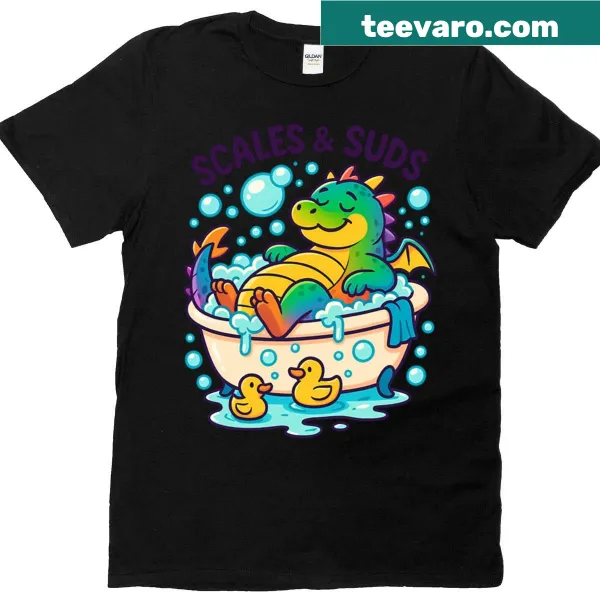 Whimsical shirt featuring a rainbow dragon, rubber ducks, and bubbles
