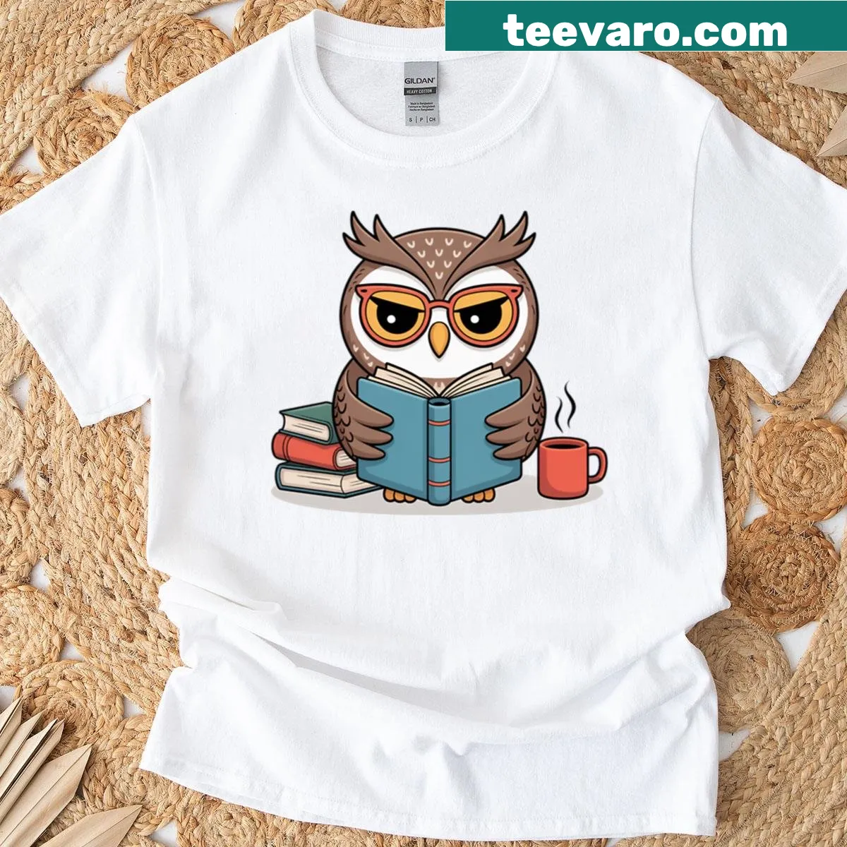 Cartoon owl with a book on a reader-themed T-shirt — on a men's t-shirt